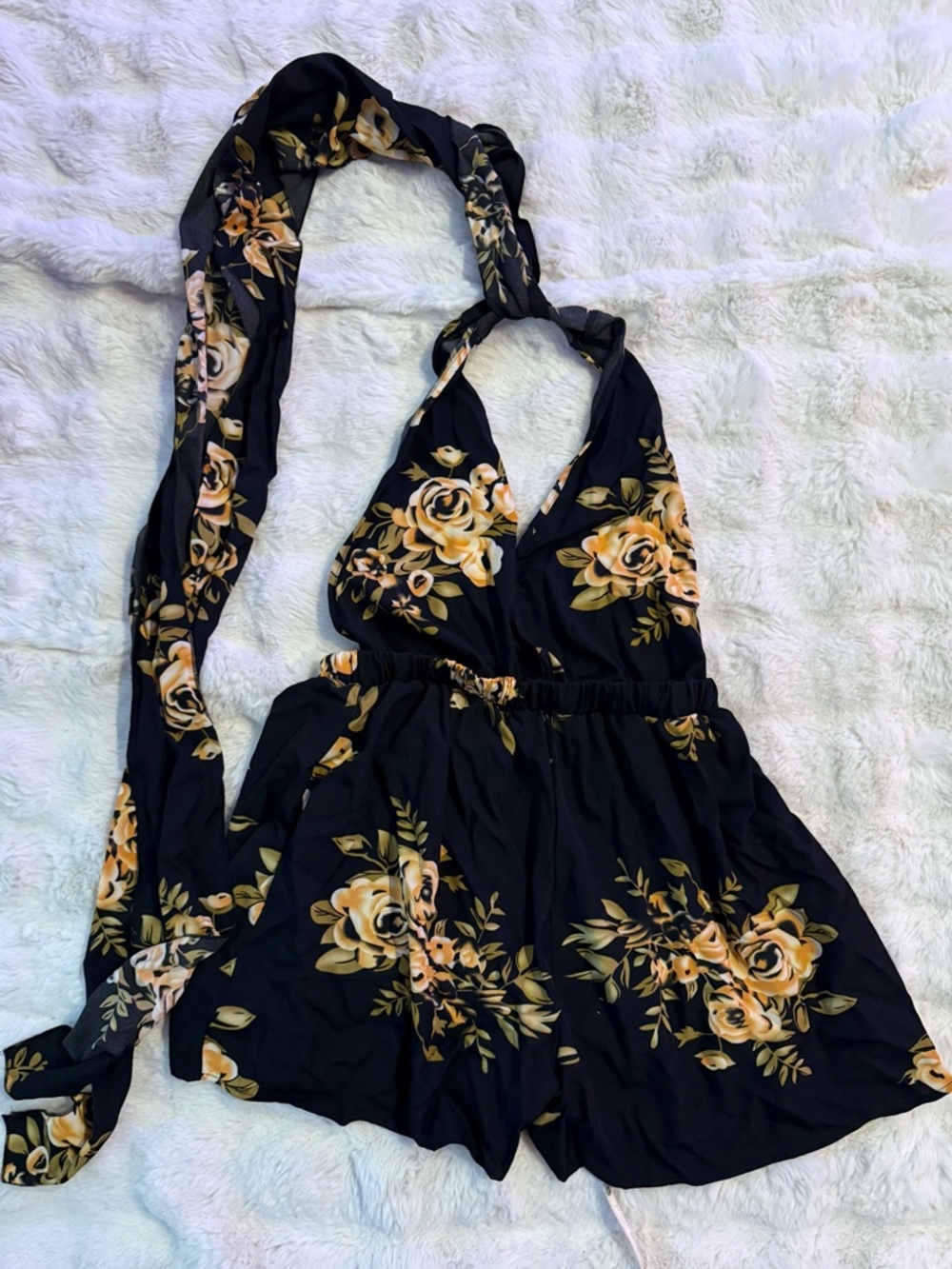 Floral V-Neck Black Wrap Romper - Picture 3 of 6